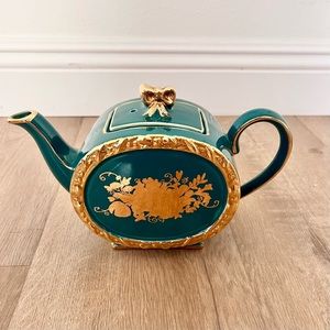 Rare 1930s Sadler England 1729 II‎ Cube Teapot Green With Gold Flower Vintage